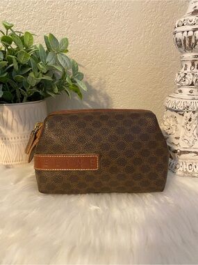 Celine Brown Canvas Toiletry Pouch with Tan Leather Trim Vintage